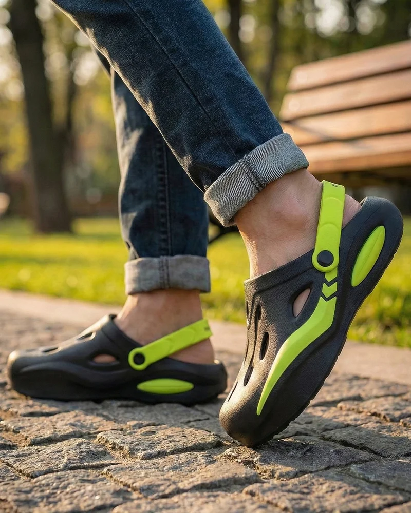 bewakoof Men's Black & Green Color Block Comfy Clogs